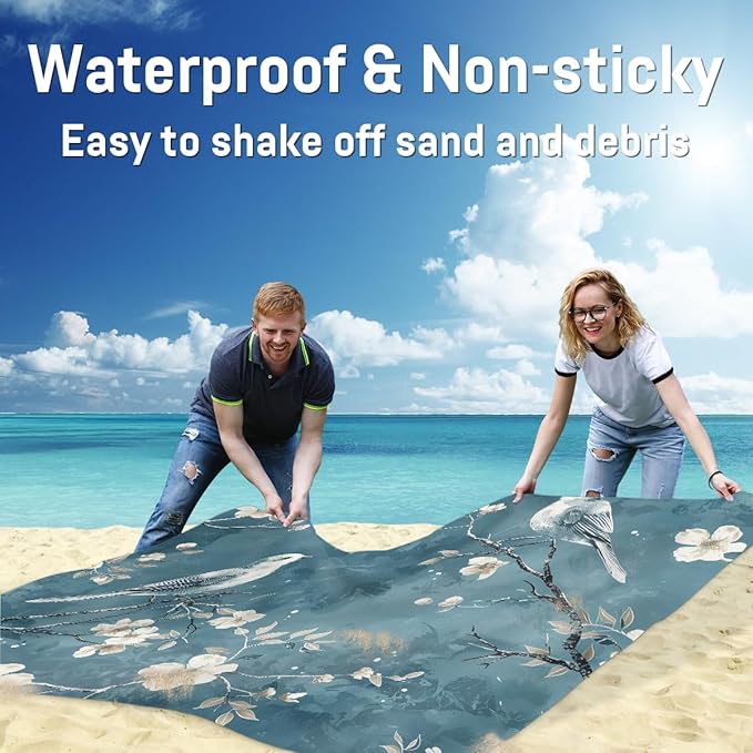 Waterproof Sandproof Beach Blanket 59''×68'' Plants &amp Bird Polyester Outdoor Picnic Blanket with 4 Stakes &amp Storage Bag for BeachCampingVacation Blue-Gray