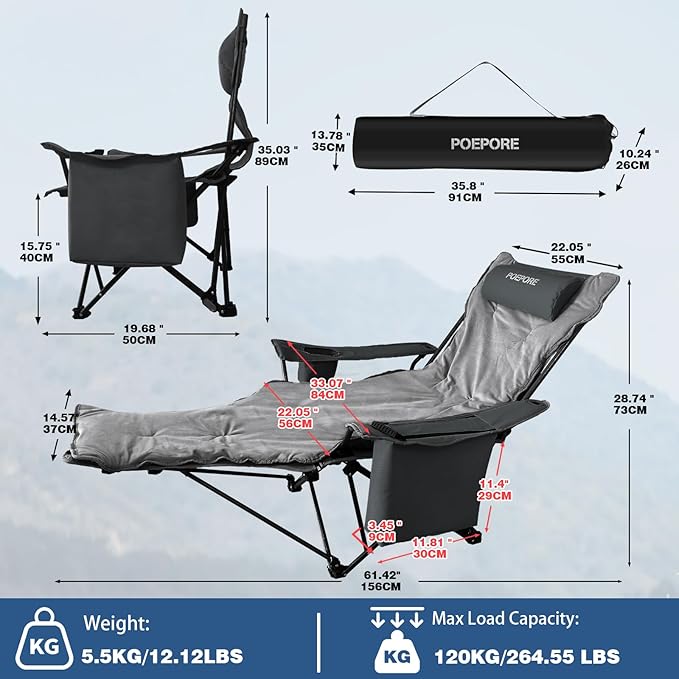 Reclining Camping Chair 4 Position with Foot Rest Comfortable for Adults 265Ibs Folding Lounger Mesh Beach Chair with Cooler BagCotton Cushion and Cup Holder for Outdoor Patio