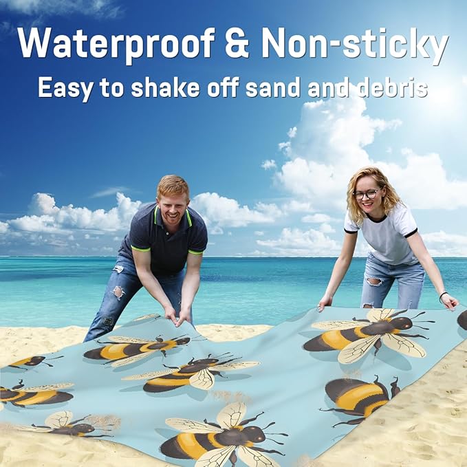 Waterproof Sandproof Beach Blanket 59''×68'' Animals Bees Polyester Outdoor Picnic Blanket with 4 Stakes &amp Storage Bag for BeachCampingVacation Lake Blue