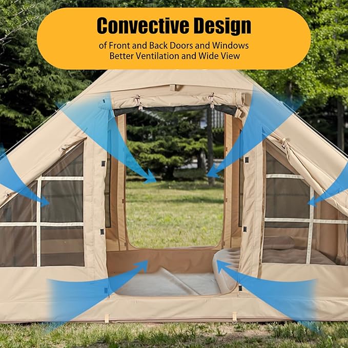 Inflatable Camping Tents with Hand Pump Air Glamping Tents Easy Setup Waterproof and Windproof Blow up Tent 4 Seasons Oxford Cabin Tent with Mesh &amp Chimney Window.