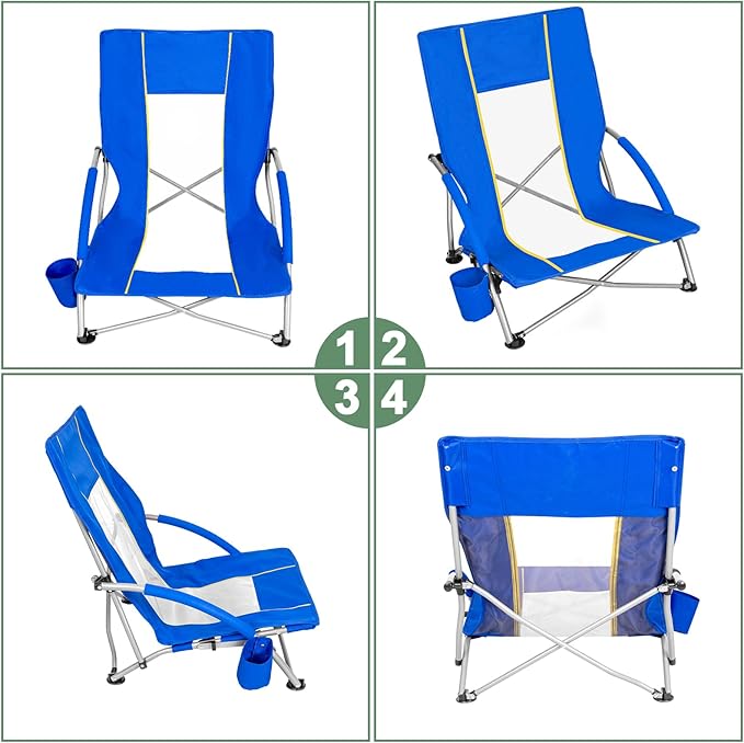 Romswi Low Beach Chairs for Adults 2 Pack Lightweight Folding Sand Chairs with Breathable Mesh Back &amp Cup Holder Portable Compact Camping Chairs 400lbs CapacityBlue