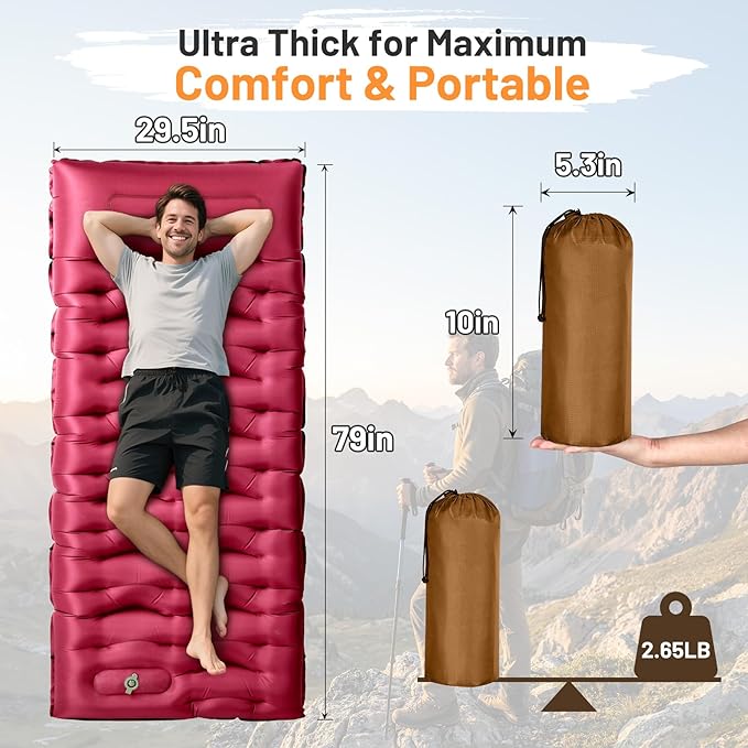 KASBAH Camping Sleeping PadExtra Wide 6 inch Thick Inflatable Sleeping Pads with Built-in Foot Pump and PillowUltralight Camping Mat Gear for Outdoor HikingCamping