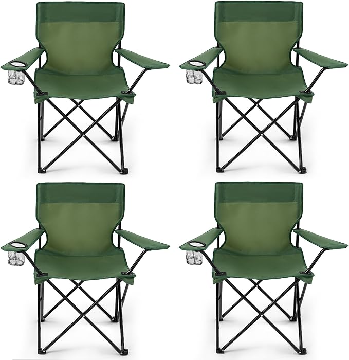 4 Pack Folding Camping Chairs for Adults Foldable Portable Beach Chairs with Carry Bag &amp Cup Holder Compact Design for Camping Beach Picnics and Fishing Supports 300LBS（Green）