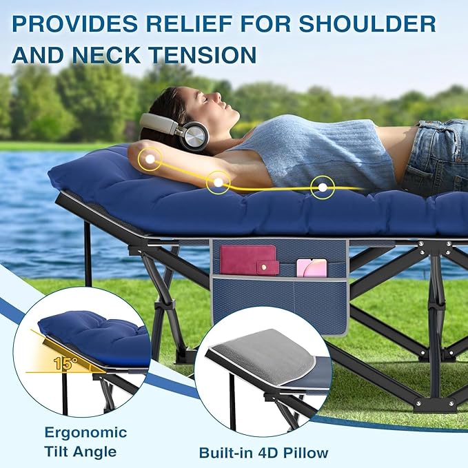 ZENPETIO Oversized XXL Folding Camping Cot Heavy Duty Sleeping Cot for Adults with Mattress and Pillow Portable Cot Bed with Carry Bag for Outdoor Camp Travel Home Guest Office Blue