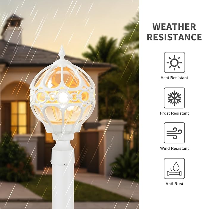 2 Pack Outdoor Globe Lamp Post Light Fixtures 13.4 White Sphere Post Top Lantern for Patio Porch Driveway Hardwired Anti-Rust Aluminum Pillar Light with Amber Glass Fits Standard 3 Post