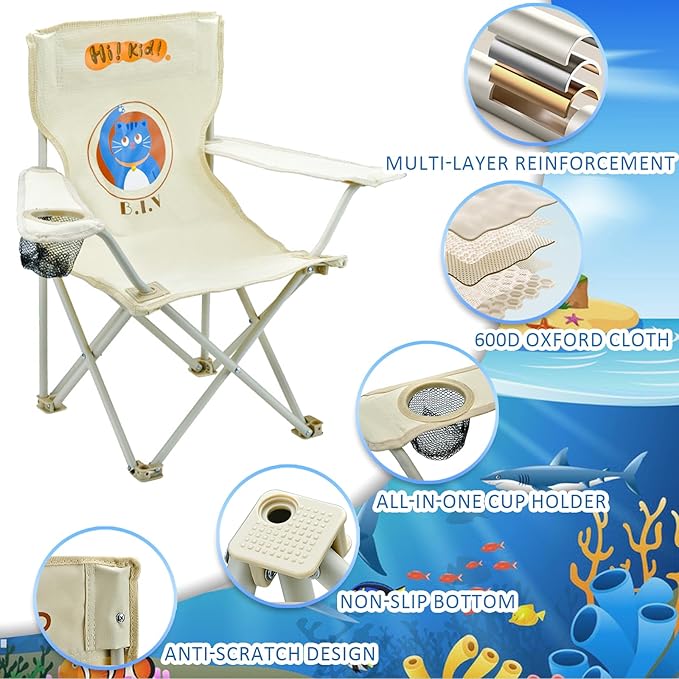 2 Pack Kids Camping Chair - Kids Beach Chair with Umbrella - Foldable Storage Cup Holder Durable wear-Resistant Non-Slip Lightweight Design for Beach Patio Outdoors Lawn (Blue+Blue)