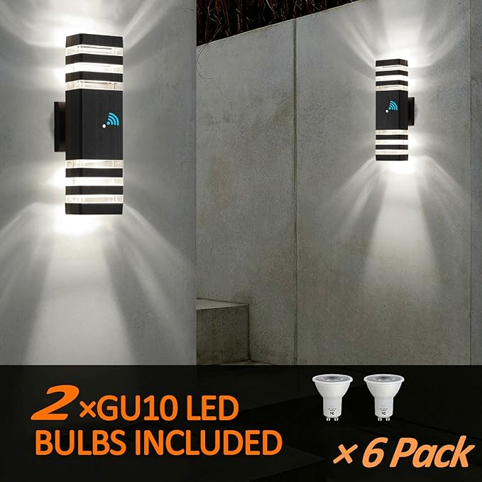 tewei 6 Pack Outdoor Wall Lights Dusk to Dawn Exterior Light Fixture 3-Layer Black Outdoor Lights for House IP65 Waterproof Up and Down Outside Porch Lights for Garage Patio 3000K