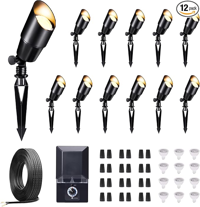 Outdoor Low Voltage Lighting Kit with 12 Pack Black LED Landscape Spotlight and 200W Transformer and 250FT Cable and 40 Wire Connectors Waterproof Aluminum Fixture for Lawn Yard Home