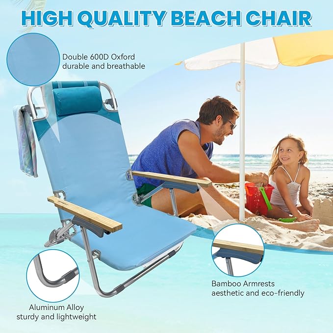 2 Pack Low Backpack Beach Chair with Folding Bamboo Table for Adults 5-Position Lay Flat Reclining Chair Lightweight with Cooler Bag Supports 265 lbs