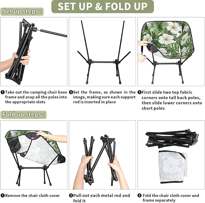 Honeybaby Folding Camping Chair Tropical Leaf Flower Camping Chairs Lightweight Portable Chair Outdoor Foldable Chairs for Camping Travel Picnic Beach Hiking