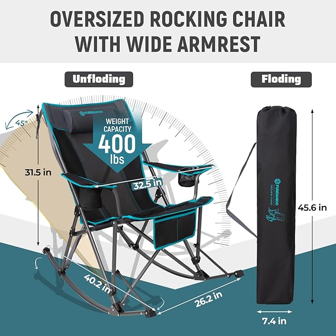 FUNDANGO Oversized Rocking Camping Chair for Adults 2 Pack Portable Folding Lawn Chairs for Outside with Pillows Wide Armrest 2 Cup Holders Carry Bag for Patio Garden Outdoor Supports 400Lbs