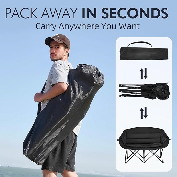 Double Camping Chair Loveseat - 2 Person Oversized Camping Couch for Adults Padded Heavy Duty Outdoor Lawn Beach Portable Folding XL Chairs with Cup Holders and Carry Bag Support 600lbs Black/Grey