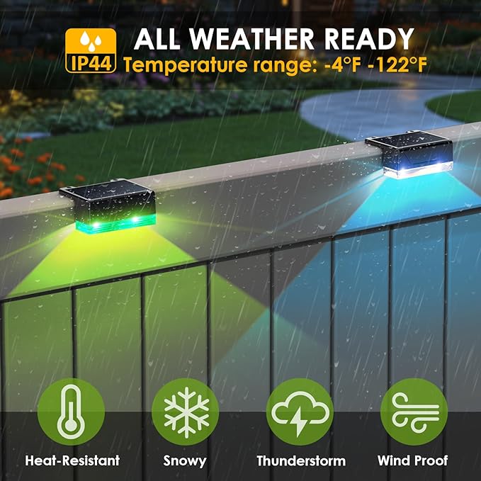 12PK Solar Fence Lights Outdoor Waterproof LED - Warm White &amp RGB 6 Color Dusk to Dawn Deck Light IP65 Waterproof Garden Lights for Outside/Backyard/Railing/Step/Patio/Wall