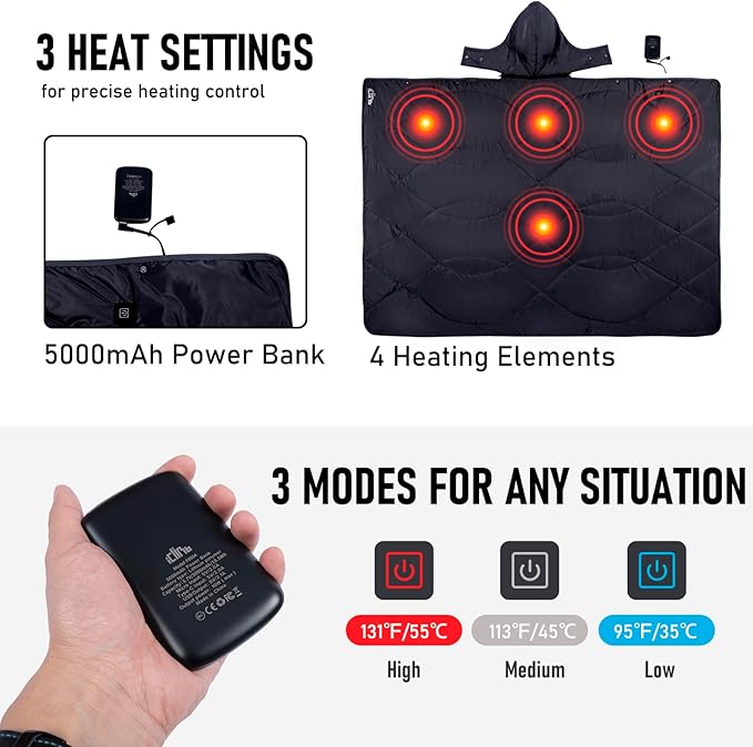 iClimb Heated Camping Blanket with Hood and 5V 5000mAH Battery Pack (Black)