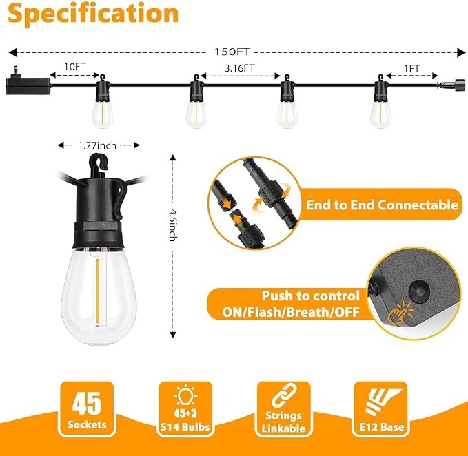 LED Outdoor String Lights 150FT Waterproof Patio Light with Remote &amp 48 Shatterproof Dimmable S14 Edison Bulbs(3 Spare) 3 Modes 2 Timer Outside Garden Lighting for Balcony Porch Party Christm