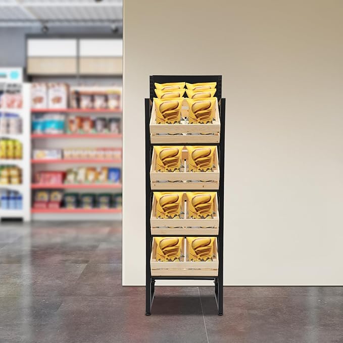 Market Retail Display Rack 4-Tier Fruit Vegetable Storage Rack Solid Wood Baskets &amp Iron Frame 44.09LBS per Tier Load Space-Saving Free Standing Shelf for Supermarket Home Fruit Store