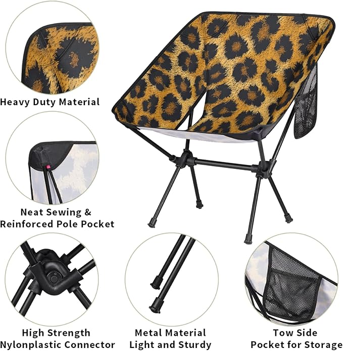 Honeybaby Folding Camping Chair Animal Print Leopard Camping Chairs Lightweight Portable Chair Outdoor Foldable Chairs for Camping Travel Picnic Beach Hiking