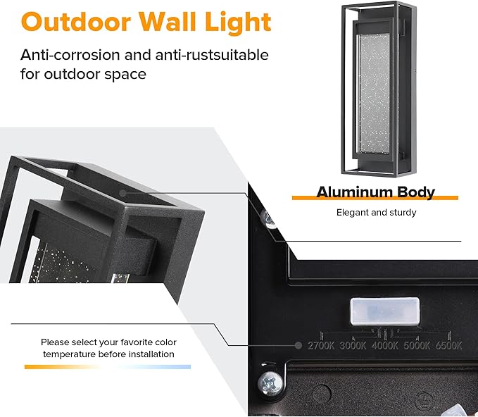 LUTEC 2 Pack Outdoor Wall Light Fixtures 5 Color Temperature Porch Light Wall Sconce with Crystal Bubble GlassWaterproof Outdoor Wall Lanterns Modern Outside Lights for House Front Door Garage