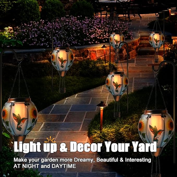 Hot Air Balloon Solar Lantern - Large Hummingbird Glass Lantern Simulated Flickering &amp Dancing Flame Outdoor Hanging Sunflower Yard Light Waterproof IP65 for Patio Lawn Porch Decor Gift