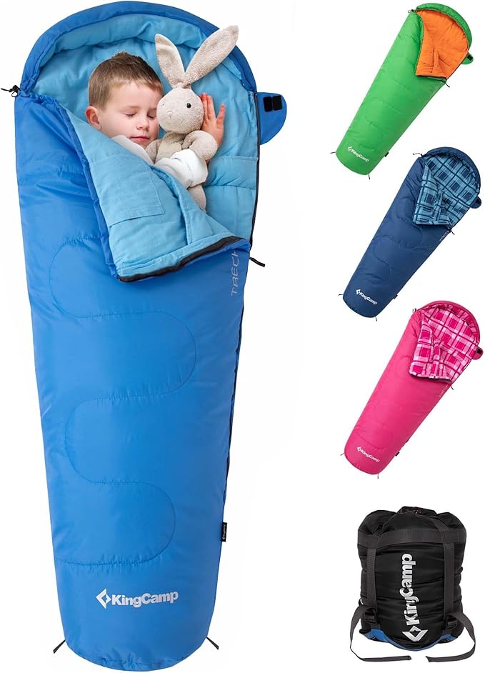KingCamp 45°F Kids Sleeping Bag Lightweight Waterproof &amp Compact Flannel Sleeping Bags Cold Weather &amp Warm Youth Essentials Gear Accessories for Camping Fits 10-12 Children up to 4'7-5'5 T