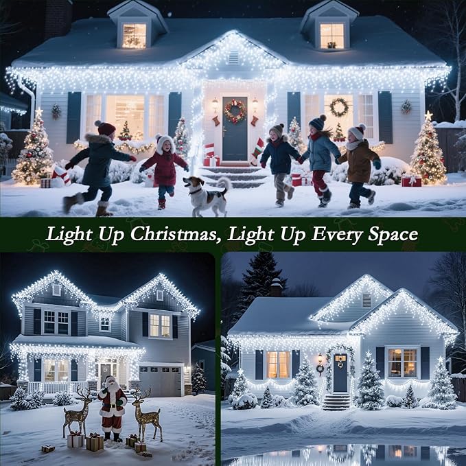 32ft Christmas Icicle Lights 396 LED Outdoor/Indoor Cool White Curtain Lights with 8Modes Plug in Waterproof String Lights for Holiday Wedding Garden Decorations