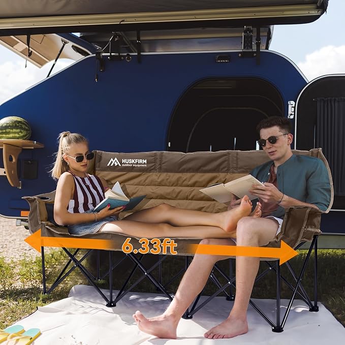 3 Person Camping Chairs Folding Double Camping Chair Portable Oversized Loveseat Padded Camp Chair Heavy Duty Camping Couch for Adults Outdoor Lawn with Two Cup Holders and Carry Bag