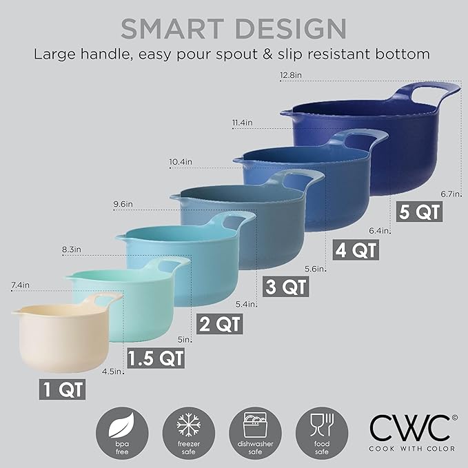 COOK WITH COLOR Nesting Plastic Mixing Bowl Set with Pour Spouts and Handles Blue 6 Piece Non-Slip