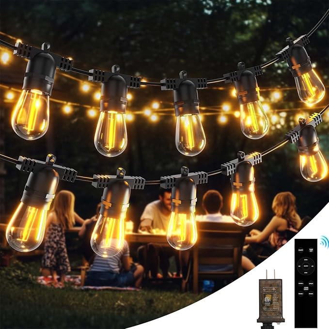 Outdoor String LED Patio Lights - 30Ft 9M Outside Waterproof Light with Remote Dimmable S14 Shatterproof Bulb Connectable Hanging Outdoor Electric Lighting for Backyard Yard Gazebo Porch Party