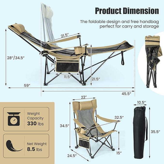 KOTEK Reclining Camping Chair Portable Lounge Chair with Removable Foot Rest Adjustable Backrest Cup Holder &amp Carry Bag Folding Camp Chair for Outdoor Traveling Fishing Hiking Picnic (2 Khaki