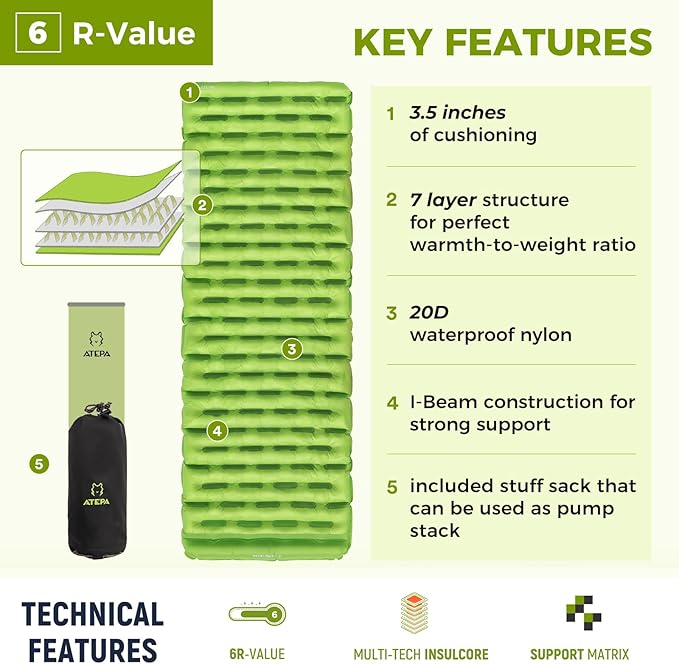 ATEPA ThermAir Backpacking Inflatable Sleeping Pad 6 R-Value Insulated Ultralight Portable Camping Pad Sleeping Mat with 7 Layers &amp Storage Bag for Camping Backpacking Tent Wide Long Size (72x2