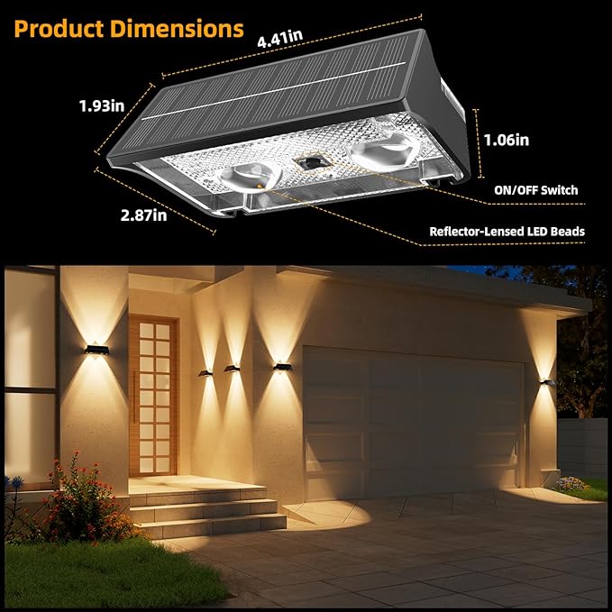 NIORSUN Solar Fence Lights Outdoor 6 Pack Up and Down Waterproof Solar Wall Lights Warm &amp Cool White + RGB Fence Lights with Lens Dusk to Dawn Lighting for Patio Backyard Pool Railing (Blac