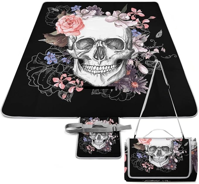 Vintage Halloween Black Victorian Gothic Skull Damask Waterproof Outdoor Picnic Blanket Sandproof Beach Mat for Camping Hiking Grass Travelling