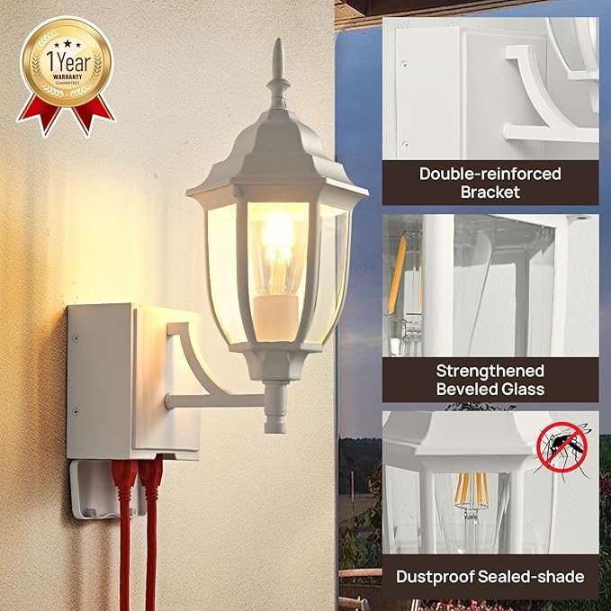 Upgraded Porch Lights Outdoor Wall Light with GFCI Outlet Waterproof Exterior Lighting Fixtures Wall Mount Outside Light for House Patio GarageWhite1 PackNo Sensor