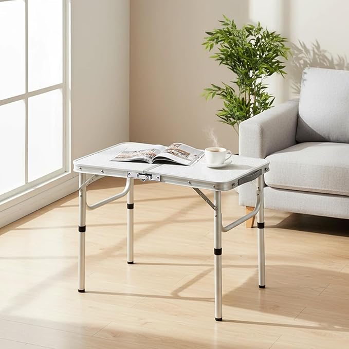 Small Folding Camping Table 2ft Portable Table with 3 Adjustable Heights Aluminum Lightweight Foldable Picnic Table with Mesh Layer and Extension Legs for RV BBQ and Indoor (Silver)