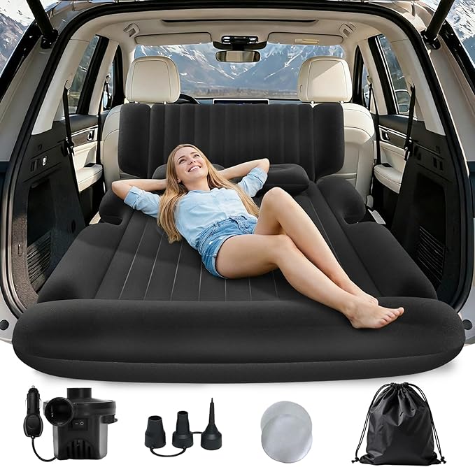 SUV Air Mattress - Thickened Car Air Mattress with Electric Pump Portable Inflatable Car Bed with 2 Pillows Camping Mattress Back Seat for SUV Trunk Travel Home (Black)