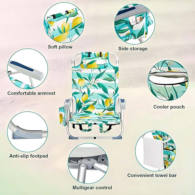 Folding Beach Chair Portable Camping Chair with Headrest Cup Holder &amp Armrests Backpack Beach Chair with 5 Positions Supports 220lbs for Camping Lawn Concert (1-Pack) ‌