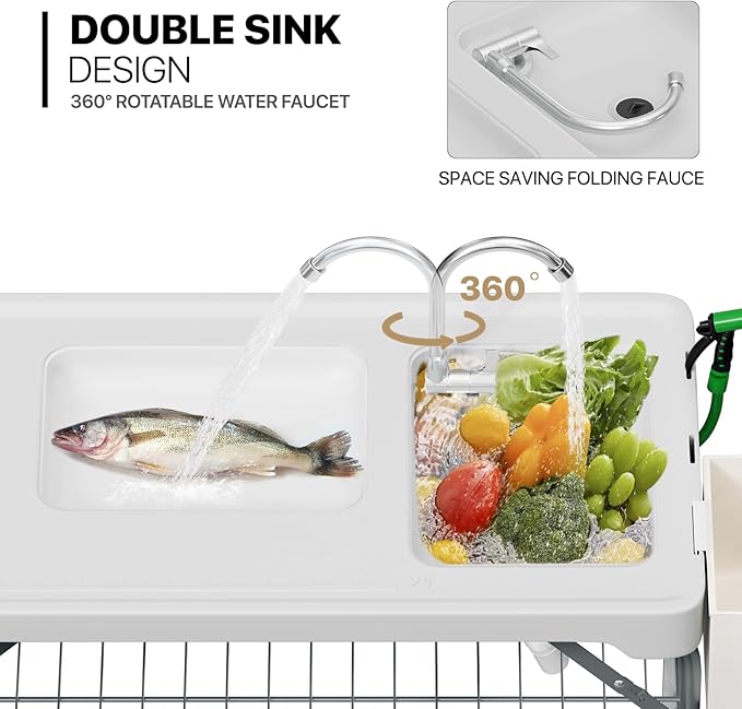 MoNiBloom Folding Fish Cleaning Table with Double Sink Portable Camping Outdoor Heavy-Duty Fillet Station with Faucet Drainage Hose Sprayer and Knife for Picnic Fishing Garden Patio Beach White