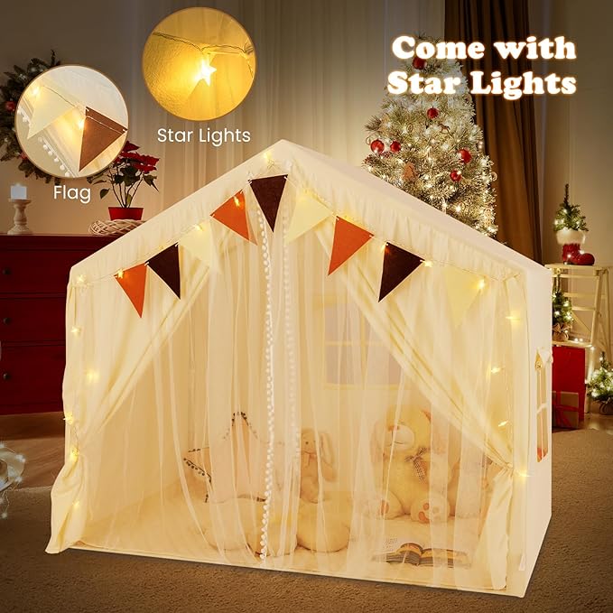 INFANS Kids Play Tent Large Size Playhouse with Washable Cotton Mat Star Light Windows Plaid Pennants 57.5” x 38” x 52.5” Indoor Outdoor Princess Tents Castle for Toddlers Age 3+ Years Old