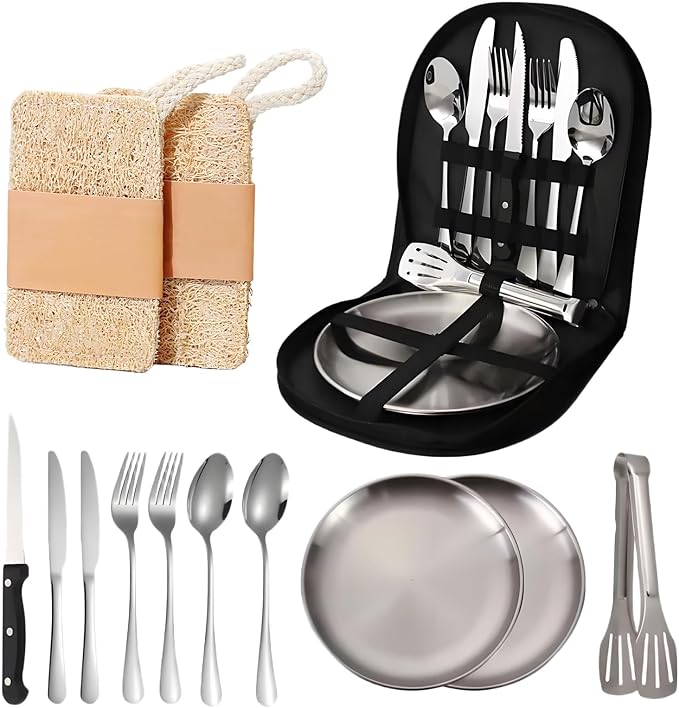 Camping Cutlery Set 12-Piece Stainless Steel with Plates and Case Portable Outdoor Dining Kit Silver