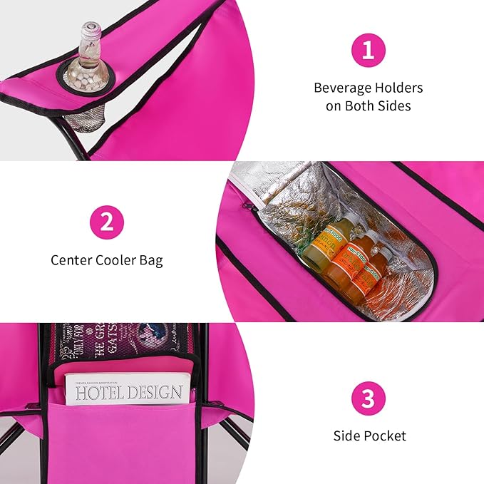 KOTEK Double Camping Chair Folding Camp Chair with Removable Umbrella Cup Holders Cooler Bag Side Pocket &amp Carry Bag 2-Person Beach Chair for Outdoor Sports Concerts Travel Picnic (Pink)