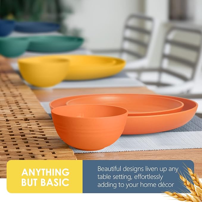 Teivio 32-Piece Kitchen Plastic Wheat Straw Dinnerware Set Service for 8 Dinner Plates Dessert Plate Cereal Bowls Cups Unbreakable Colorful Plastic Outdoor Camping Dishes Autumn Multicolor