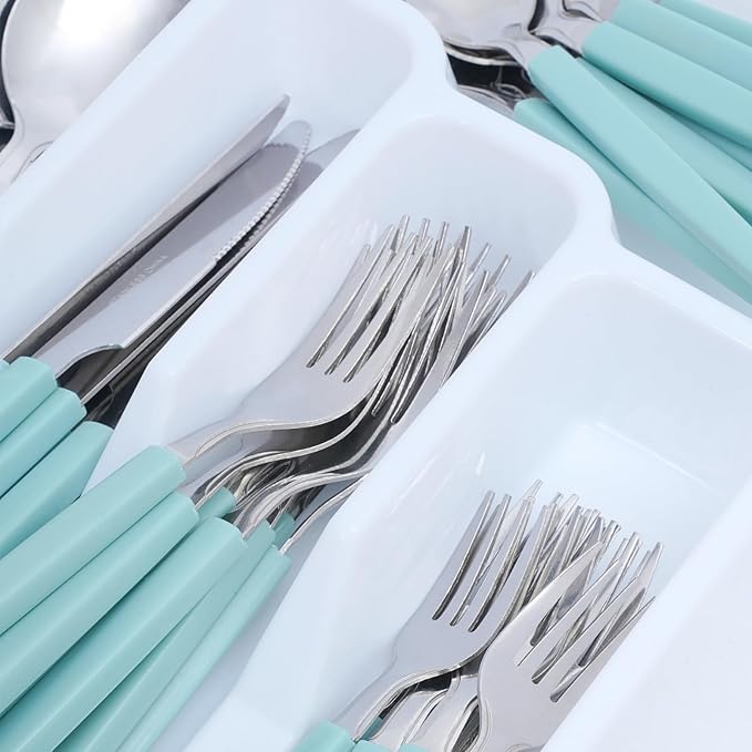 Silverware Set 40-Piece Stainless Steel Spoons and Forks Set with Organizer Color Handles Camping Flatware for 8 Dishwasher Safe（Green)