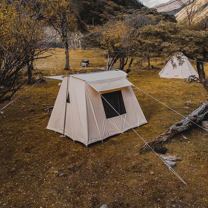 UNISTRENGH Waterproof Cotton Canvas Cabin Tent 4 Season Outdoor Family Camping Tent Shelters with Awning &amp Extra Wide Mesh Doors