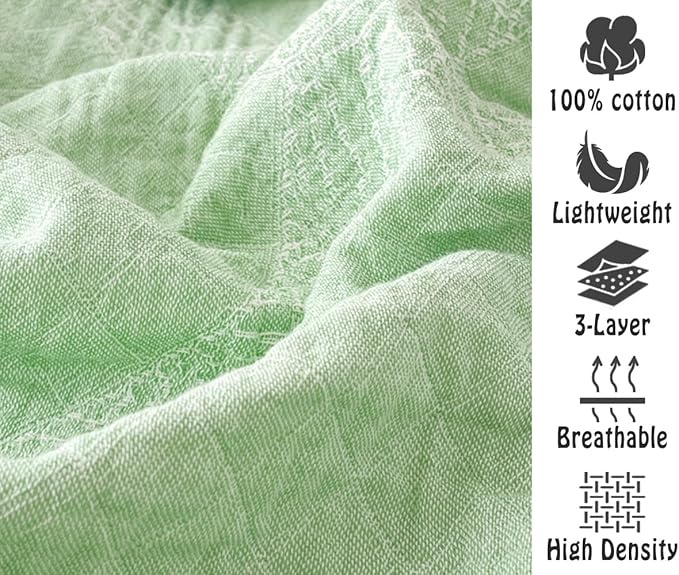 ITFRO Cooling 3 Layer Cotton Muslin Blanket for Hot Sleepers 80x92 Inches Lightweight Breathable Reversible Summer Camping Blanket All Seasons for Couch Sofa Bed (Solid Green 80x92)