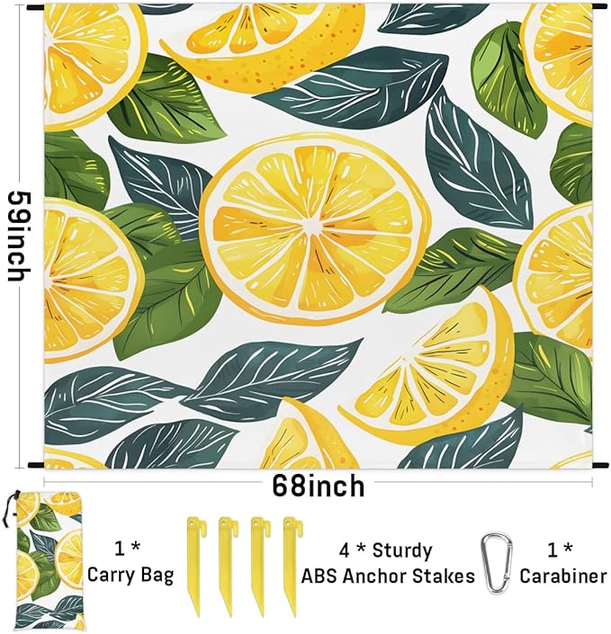 Waterproof Sandproof Beach Blanket 59''×68'' Lemon Slices Polyester Outdoor Picnic Blanket with 4 Stakes &amp Storage Bag for BeachCampingVacation Forsythia Yellow