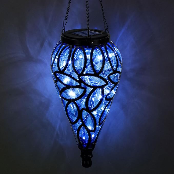 SUNNYPARK Outdoor Plastic Solar Hanging Lantern 15 Cool White LEDs Twinkle Effect Tear-Shaped Hanging Lantern Decor Garden Decorative Solar Lights for Backyard Patio and Lawn