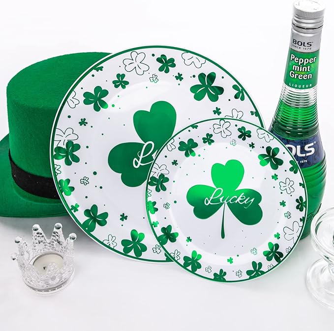 Rubtlamp 60Pcs Plastic Green PlatesSt Patricks Day Plates with Green Trefoil and Lucky Alphabet Green Disposable Plates include 30 Plastic White Dinner Plates and 30 Salad Plates for Spring