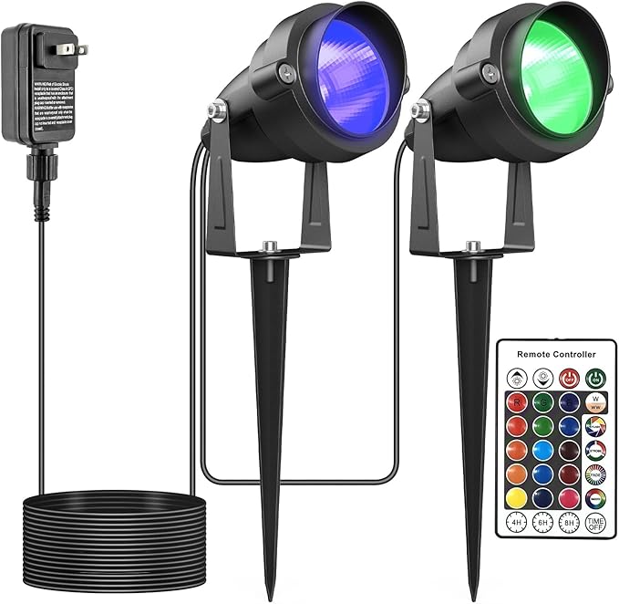 Christmas RGB and Warm White Spotlights with Timer 10W RGBW LED Halloween Spot Lights Outdoor IP65 Waterproof Landscape Spotlight for Yard Garden 2 Lights