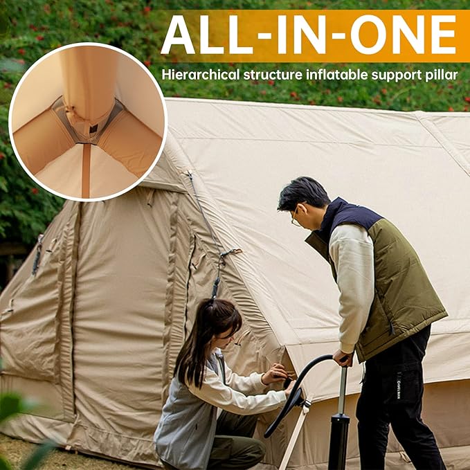 Inflatable Camping Tent with Pump Glamping Tents Easy Setup 4 Season Waterproof Windproof Outdoor Blow Up Tent Luxury Cabin Tent with Mesh Windows &amp Doors