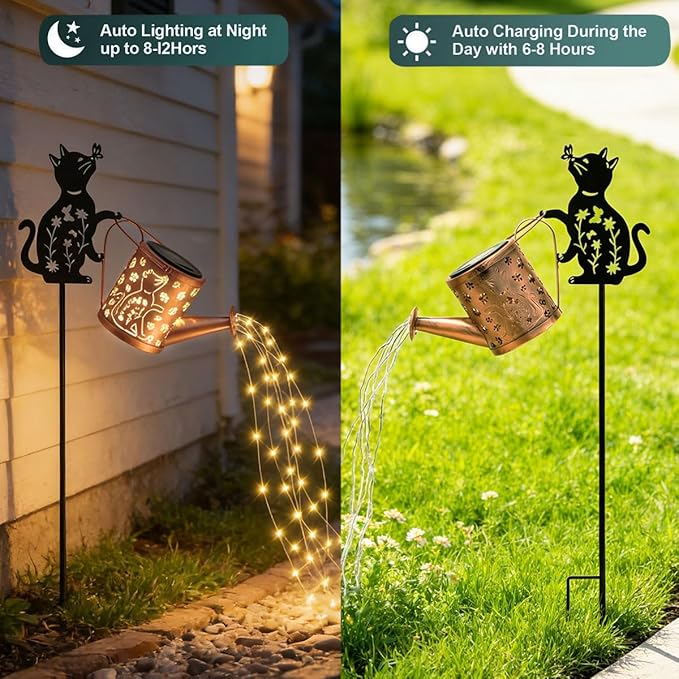 Garden Lanterns Solar Watering CanGarden Decor for OutsideCat Featuring a Metal Cat Silhouette Stake Ideal for Outdoor Landscaping Lawns and Pathways a Perfect Garden Gift for Women